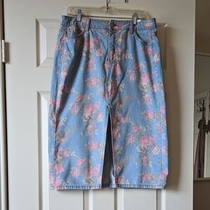 SHEIN Light Blue Denim Midi Skirt with Pink Floral Print